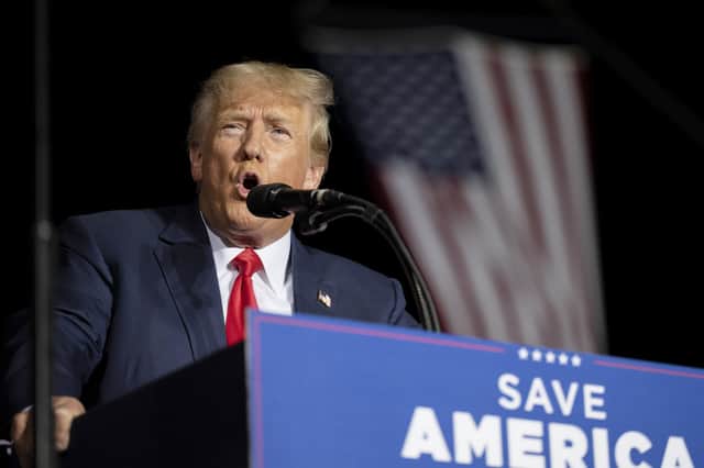 Donald Trump speaks at a rally at the Minden Tahoe Airport in Minden, Nev.