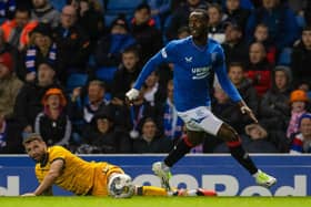 Rangers forward Abdallah Sima leaves Livingston's Jamie Brandon grounded after challenging him for the ball before scoring the opener.  (Photo by Alan Harvey / SNS Group)