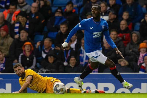 Rangers forward Abdallah Sima leaves Livingston's Jamie Brandon grounded after challenging him for the ball before scoring the opener.  (Photo by Alan Harvey / SNS Group)