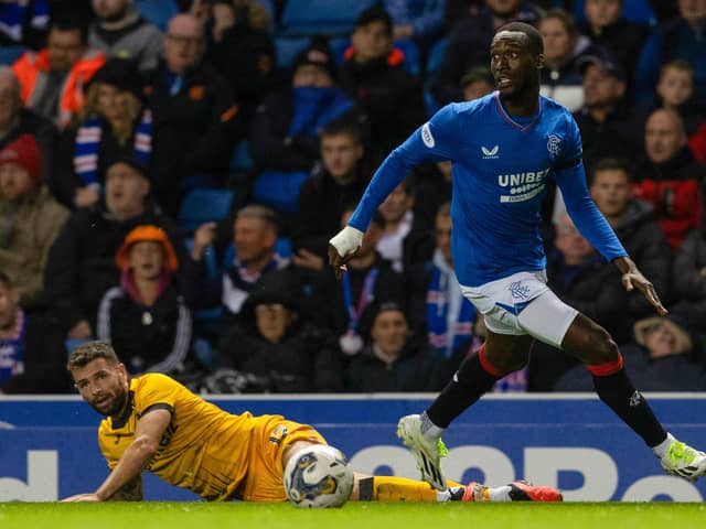 Rangers forward Abdallah Sima leaves Livingston's Jamie Brandon grounded after challenging him for the ball before scoring the opener.  (Photo by Alan Harvey / SNS Group)