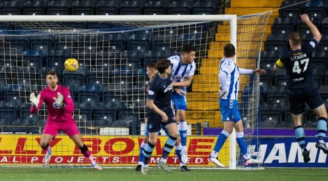 Kilmarnock goalkeeper Zach Hemming is beaten by Alan Lithgow's header as Morton equalise at Rugby Park. (Photo by Sammy Turner / SNS Group)