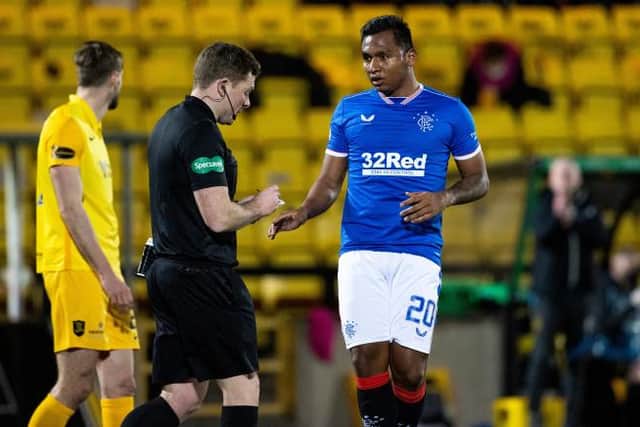 Alfredo Morelos is yellow carded by John Beaton for simulation during a Scottish Premiership match between Livingston and Rangers at The Tony Macaroni Arena, on March 03, 2021, in Livingston, Scotland. (Photo by Alan Harvey / SNS Group)