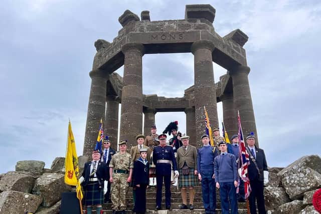 Stonehaven Royal British Legion standard bearers with Lord Lieutenant of Kincardineshire Alastair Macphie (centre), The Hon Charles Pearson (right) and son George Pearson (left) (Pic:Jim Stephen)