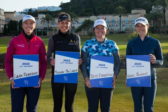 Scottish duo Laura Beveridge, far left, and Hazel MacGarvie, far right, celebrate winning LET cards for 2022 along with England's Meghan MacLaren and Becky Brewerton from Wales. Picture: Tristan Jones