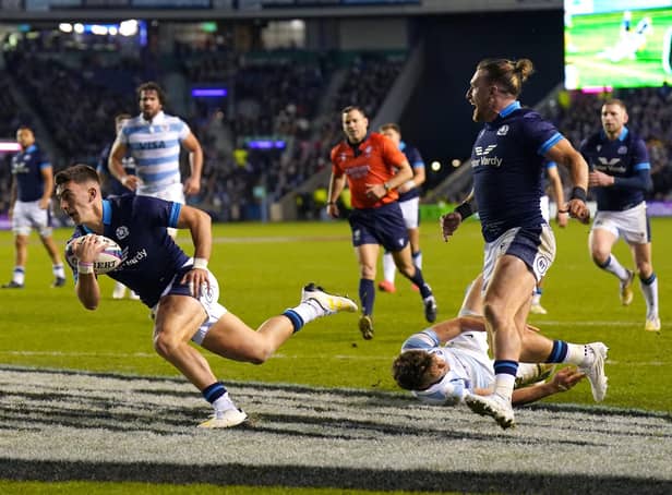 Cam Redpath scores for Scotland against Argentina. Picture: Jane Barlow/PA Images