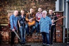 The Fun Lovin’ Crime Writers, from left: Chris Brookmyre; Doug Johnstone, Mark Billingham, Luca Veste, Val McDermid and Stuart Neville