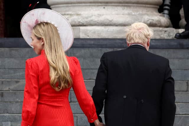 British Prime Minister Boris Johnson and his wife Carrie Symonds arrive for the National Service of Thanksgiving to Celebrate the Platinum Jubilee of Her Majesty The Queen at St Paul's Cathedral. Photo by Henry Nicholls - WPA Pool/Getty