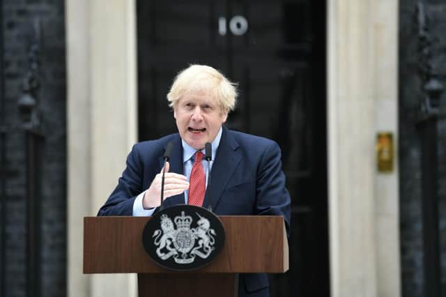 Prime Minister Boris Johnson makes a statement outside 10 Downing Street as he resumes working after spending two weeks recovering from Covid-19