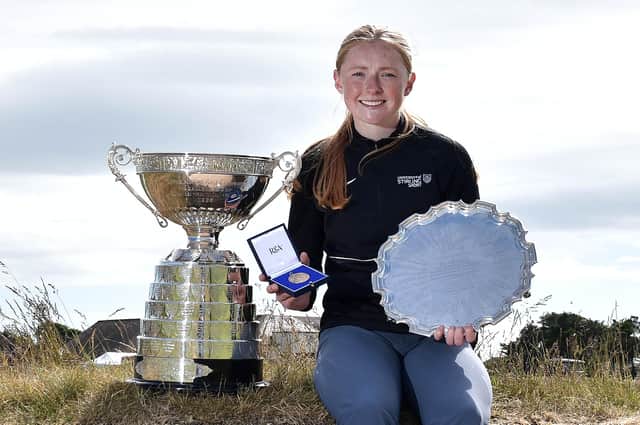 Louise Duncan poses with the R&A Women's Amateur Championship trophy following her win in the final at Kilmarnock (Barassie) on Saturday. Picture: Charles McQuillan/R&A/R&A via Getty Images.