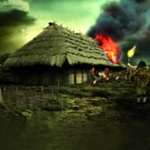 A reconstruction of the great fire at the Neolithic hall on Doon Hill in East Lothian which may have been deliberately started to create a "spectacle" in the landscape. PIC: HES.