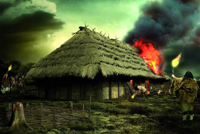 A reconstruction of the great fire at the Neolithic hall on Doon Hill in East Lothian which may have been deliberately started to create a "spectacle" in the landscape. PIC: HES.