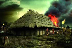 A reconstruction of the great fire at the Neolithic hall on Doon Hill in East Lothian which may have been deliberately started to create a "spectacle" in the landscape. PIC: HES.