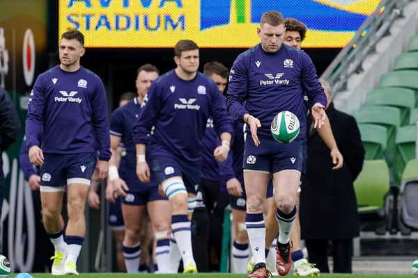 Scotland’s Ben White, Scott Cummings and Finn Russell emerge for a pre-match training session at the Aviva Stadium in Dublin ahead of the Six Nations clash with Ireland. (Picture: Brian Lawless/PA Wire)