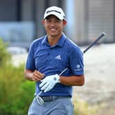 Collin Morikawa smiles after chipping in for an eagle at the third in the third round of the Hero World Challenge at Albany Golf Course in Nassau. Picture: Mike Ehrmann/Getty Images.