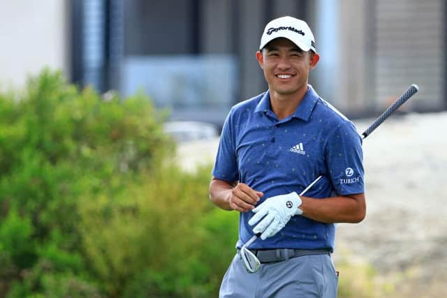 Collin Morikawa smiles after chipping in for an eagle at the third in the third round of the Hero World Challenge at Albany Golf Course in Nassau. Picture: Mike Ehrmann/Getty Images.