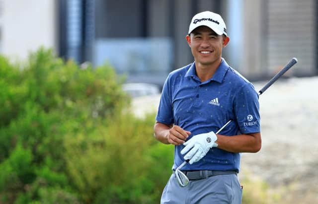 Collin Morikawa smiles after chipping in for an eagle at the third in the third round of the Hero World Challenge at Albany Golf Course in Nassau. Picture: Mike Ehrmann/Getty Images.