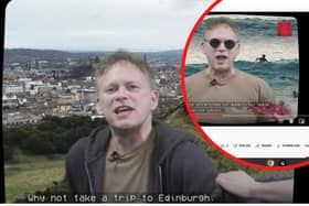 The UK transport secretary Grant Shapps advertises a trip to Edinburgh as he wears a hoodie and holds a fake crab announcing train tickets sale.