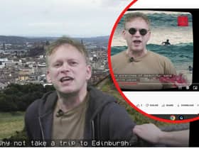The UK transport secretary Grant Shapps advertises a trip to Edinburgh as he wears a hoodie and holds a fake crab announcing train tickets sale.