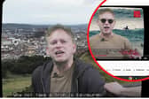 The UK transport secretary Grant Shapps advertises a trip to Edinburgh as he wears a hoodie and holds a fake crab announcing train tickets sale.