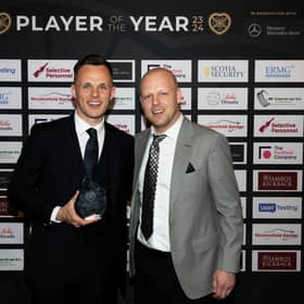 Hearts captain Lawrence Shankland with head coach Steven Naismith after winning the club's Players' Player of the Year award. (Photo by Mark Scates / SNS Group)