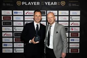 Hearts captain Lawrence Shankland with head coach Steven Naismith after winning the club's Players' Player of the Year award. (Photo by Mark Scates / SNS Group)