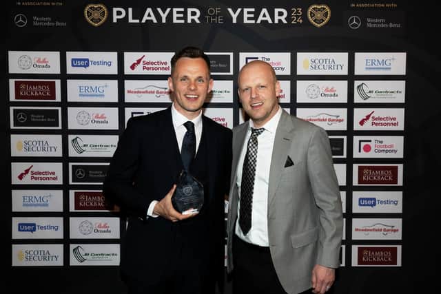 Hearts captain Lawrence Shankland with head coach Steven Naismith after winning the club's Players' Player of the Year award. (Photo by Mark Scates / SNS Group)