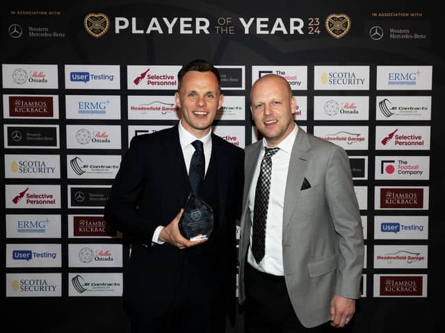 Hearts captain Lawrence Shankland with head coach Steven Naismith after winning the club's Players' Player of the Year award. (Photo by Mark Scates / SNS Group)