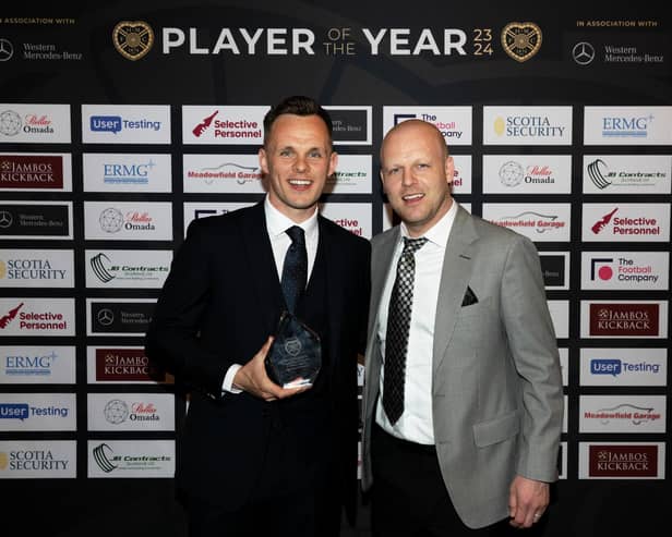 Hearts captain Lawrence Shankland with head coach Steven Naismith after winning the club's Players' Player of the Year award. (Photo by Mark Scates / SNS Group)