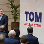 Tom Tugendhat delivers the first speech of his Conservative Party leadership campaign yesterday (Picture: Leon Neal/Getty Images)