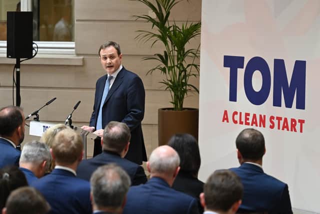 Tom Tugendhat delivers the first speech of his Conservative Party leadership campaign yesterday (Picture: Leon Neal/Getty Images)