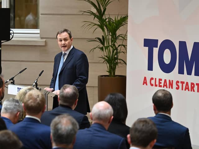 Tom Tugendhat delivers the first speech of his Conservative Party leadership campaign yesterday (Picture: Leon Neal/Getty Images)