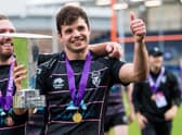 Bobby Beattie of Ayrshire Bulls celebrates at full time during a FOSROC Super6 Final between Ayrshire Bulls and Southern Knights at the DAM Health Stadium, on October 17, 2021, in Edinburgh, Scotland. (Photo by Ross Parker / SNS Group)