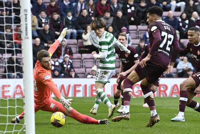 Kyogo Furuhashi scores on Celtic's last visit to Hearts in the Scottish Cup in March. (Photo by Rob Casey / SNS Group)