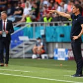 Frank de Boer (right) during what proved to be his final match in charge of the Dutch national team as they lost to Czech Republic in Budapest in the last 16 of Euro 2020 on Sunday. (Photo by Tibor Illyes - Pool/Getty Images)