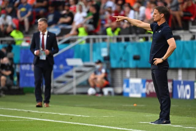 Frank de Boer (right) during what proved to be his final match in charge of the Dutch national team as they lost to Czech Republic in Budapest in the last 16 of Euro 2020 on Sunday. (Photo by Tibor Illyes - Pool/Getty Images)