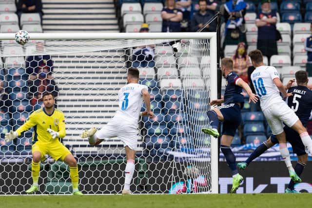 Patrik Schick heads Czech Republic's first goal against Scotland at Hampden.