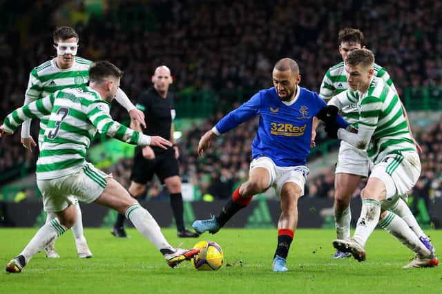 Carl Starfelt closes down Rangers' Kemar Roofe during Wednesday's 3-0 win at Celtic Park. (Photo by Alan Harvey / SNS Group)
