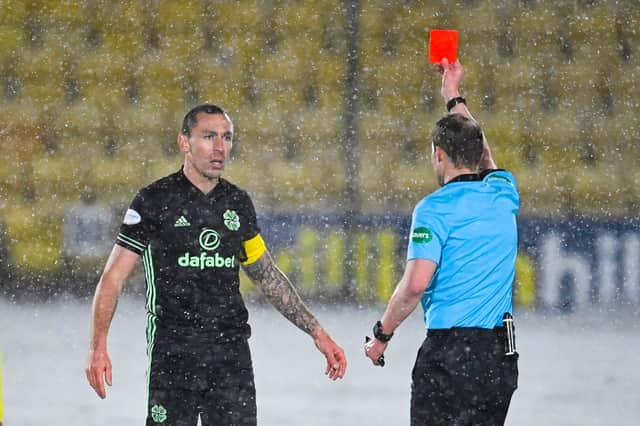 Celtic captain Scott Brown is sent off by referee Willie Collum during the 2-2 draw in Livingston (Photo by Rob Casey / SNS Group)