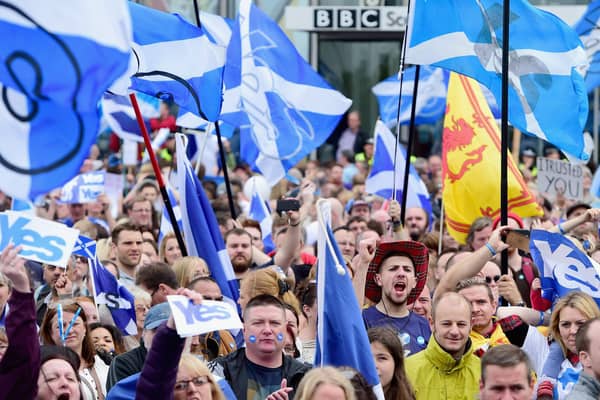 Pro-independence protest outside BBC Scotland in Glasgow over perceived bias ahead of the 2014 Scottish independence referendum (Picture: Jeff J Mitchell/Getty Images)