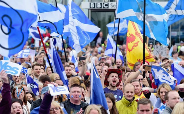 Pro-independence protest outside BBC Scotland in Glasgow over perceived bias ahead of the 2014 Scottish independence referendum (Picture: Jeff J Mitchell/Getty Images)