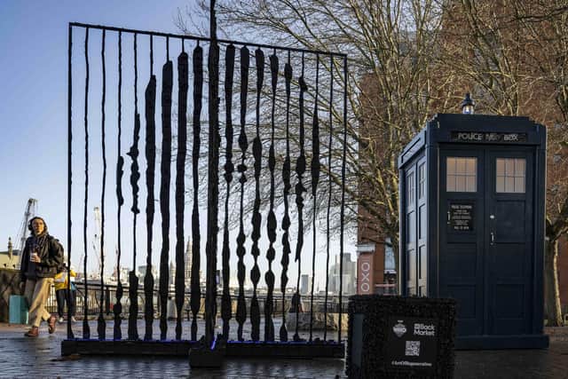The TARDIS appears alongside a sculpture of Ncuti Gatwa made from e-waste on London's South Bank.  Richard Franklin, who played Captain Mike Yates in the long-running BBC One sci-fi series during the 1970s, died on Christmas Day. Picture: John Nguyen/PA Wire