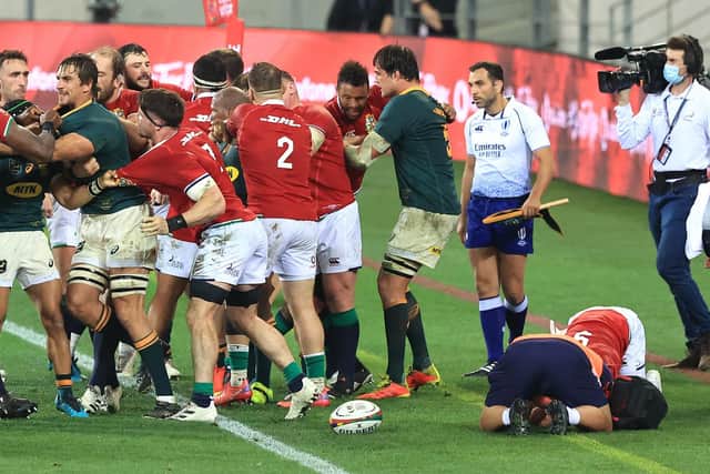 The players square up as Conor Murray, right, receives treatment following the challenge by Cheslin Kolbe. Picture: David Rogers/Getty Images