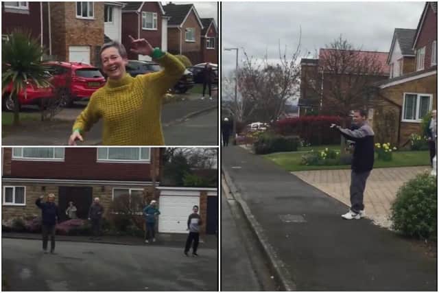 Street of residents seen 'social distant dancing' together