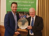 David Warren was presented with the Sir Henry Cotton Award by Golf Foundation president Nick Dougherty at a ceremony in London. Picture: Golf Foundation.