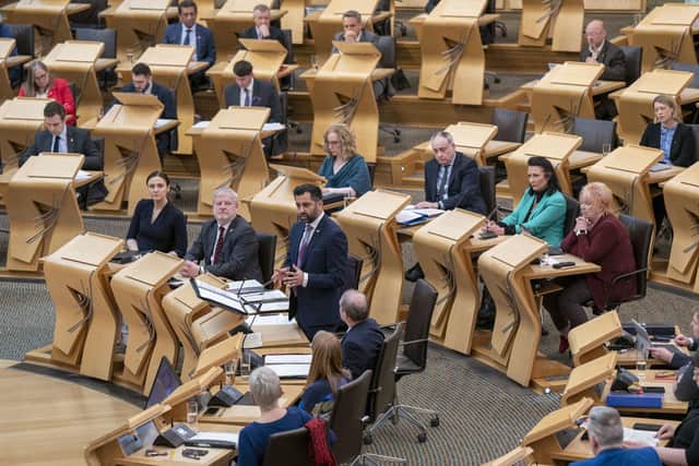 Scotland's First Minister Humza Yousaf during First Minster's Questions (FMQ's) at the Scottish Parliament in Holyrood, Edinburgh. Picture date: Thursday April 27, 2023. PA Photo. Photo credit should read: Jane Barlow/PA Wire 