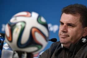 Postecoglou speaks at the Australian national team's final pre-World Cup training in Brazil, on June 12, 2014. (Photo credit: WILLIAM WEST/AFP via Getty Images)