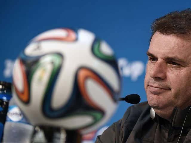 Postecoglou speaks at the Australian national team's final pre-World Cup training in Brazil, on June 12, 2014. (Photo credit: WILLIAM WEST/AFP via Getty Images)