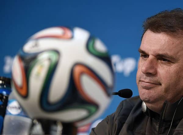 Postecoglou speaks at the Australian national team's final pre-World Cup training in Brazil, on June 12, 2014. (Photo credit: WILLIAM WEST/AFP via Getty Images)