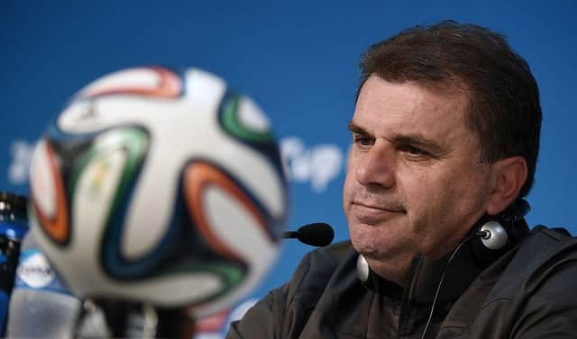 Postecoglou speaks at the Australian national team's final pre-World Cup training in Brazil, on June 12, 2014. (Photo credit: WILLIAM WEST/AFP via Getty Images)
