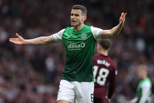 Hibs defender Paul McGinn remonstrates during the 2-1 defeat by Hearts.